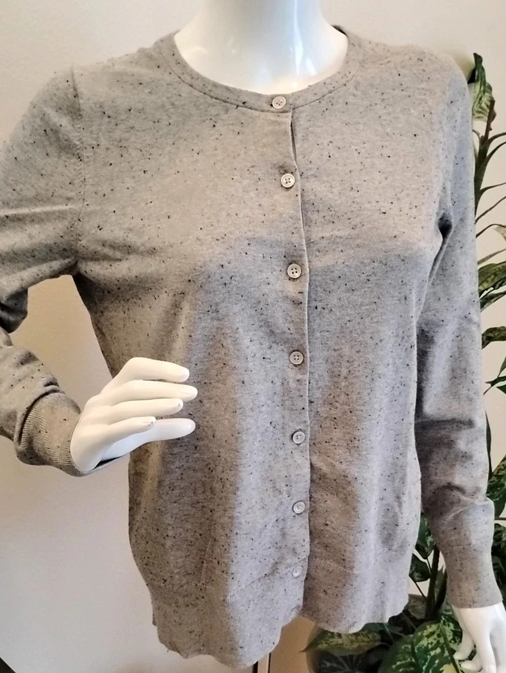 Lands' End Cotton Button Front Cardigan Speckled Gray, Size: Small